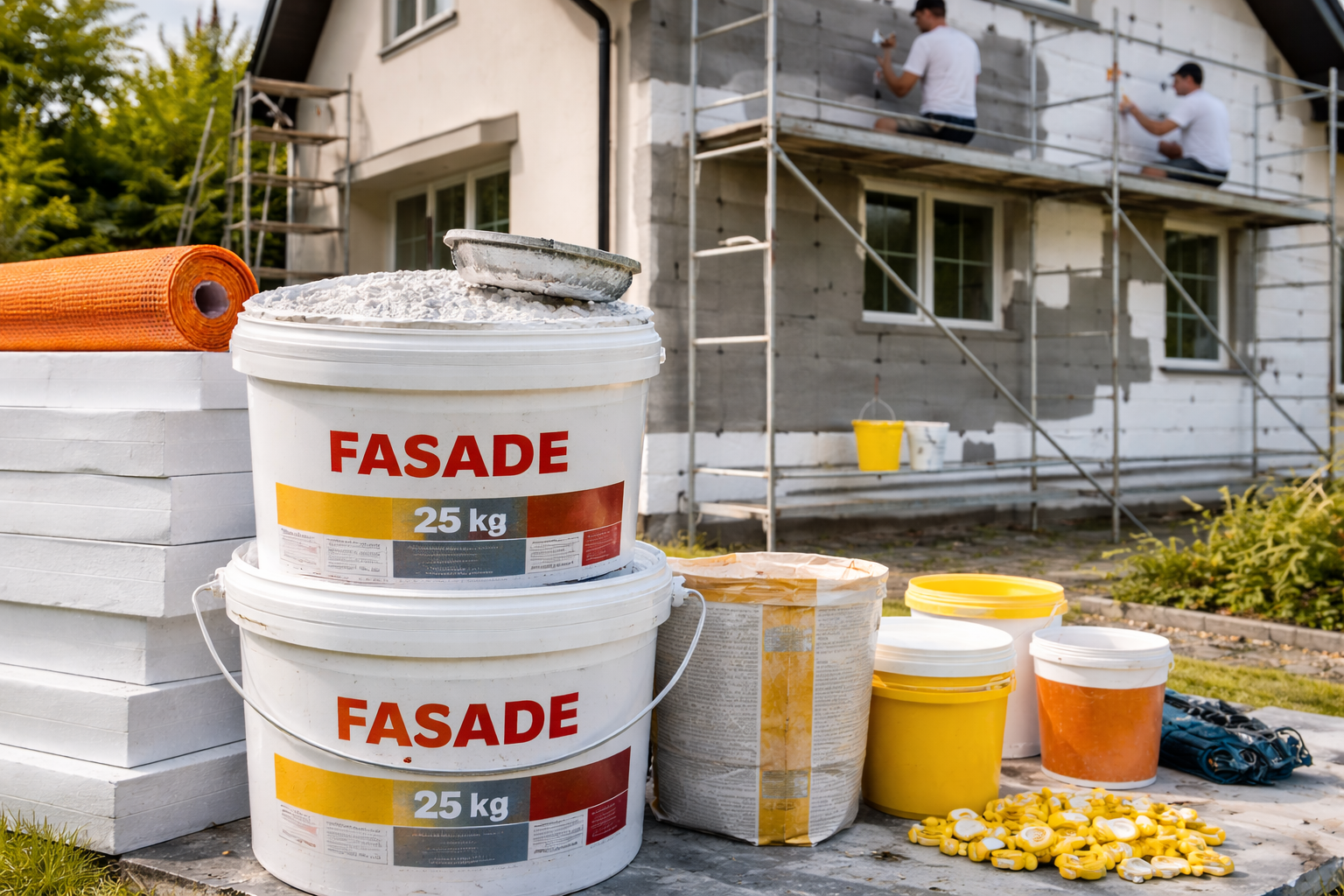 Koliko kvadrata pokriva 25 kg fasade – radovi na postavljanju fasade na kući, materijal i alat za fasaderske radove.