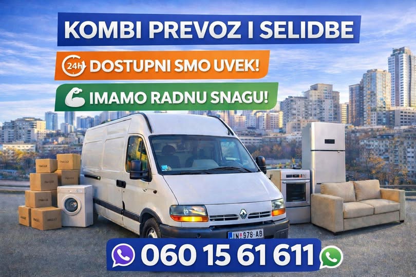 Kombi prevoz i selidbe 00–24. Selidbe stanova, kuća i kancelarija, prevoz nameštaja