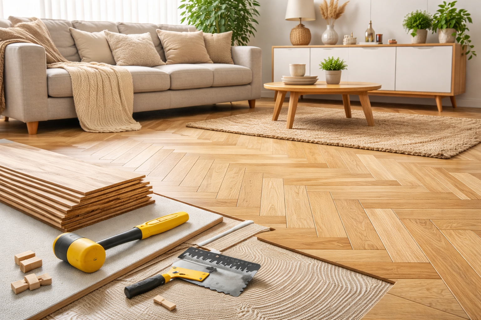 Lamelni parket u dnevnoj sobi sa alatima za ugradnju i modernim nameštajem