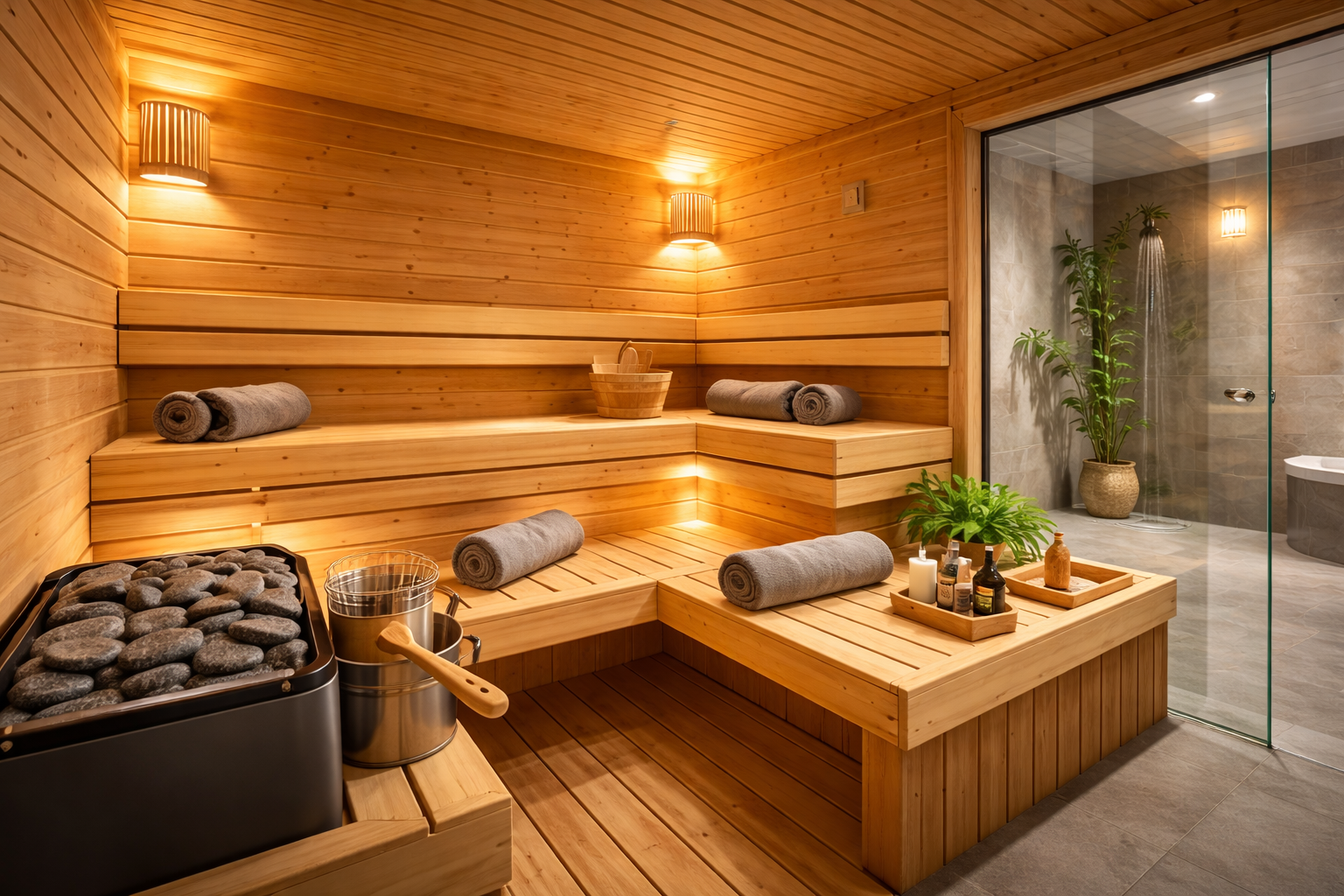 Drvena finska sauna sa klupama, grejačem i modernim enterijerom