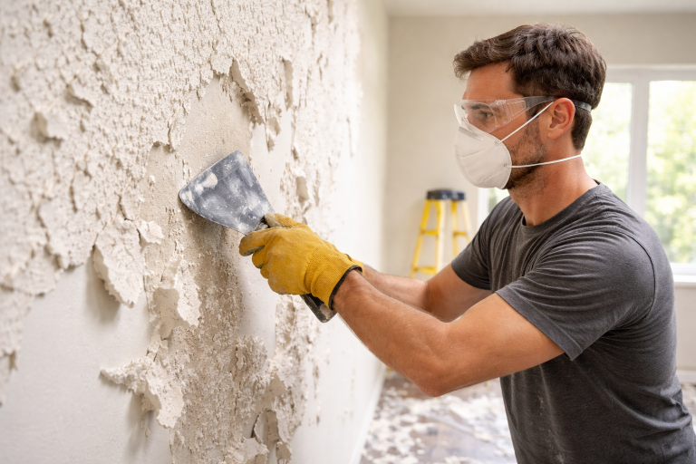 DIY uklanjanje španskog zida špahtlom uz zaštitnu opremu u enterijeru