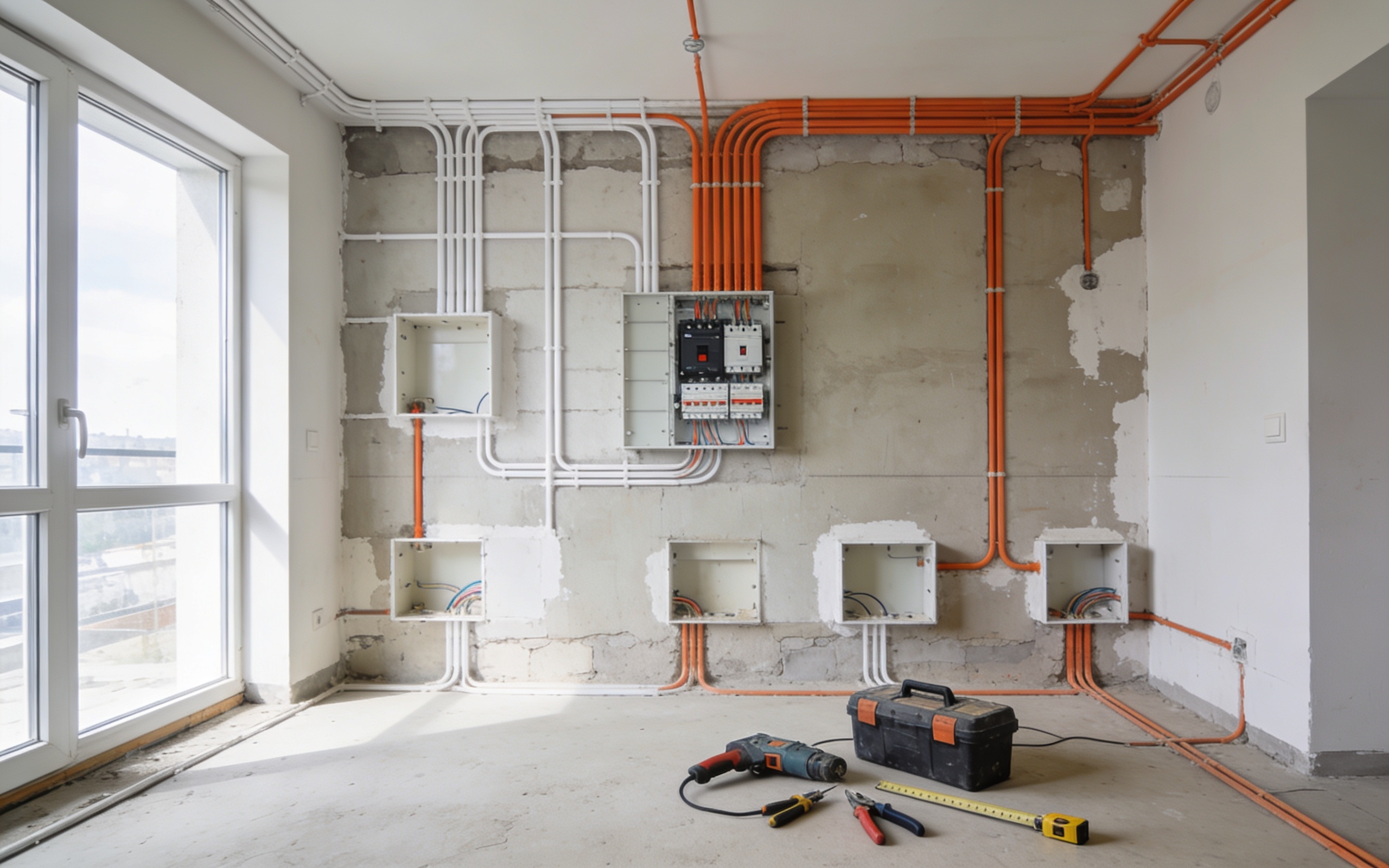 Elektro radovi u stanu u izgradnji, otvorene instalacije, cevi i razvodna tabla