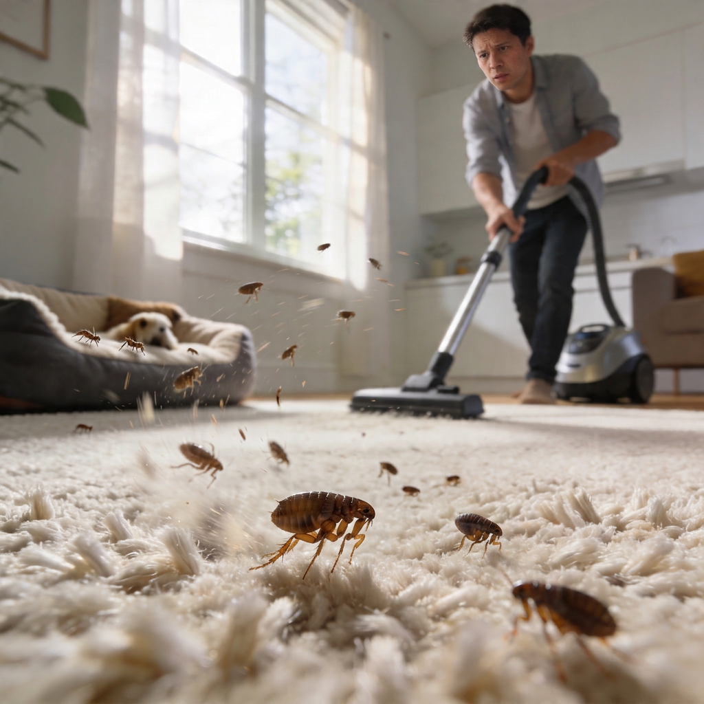 Kako se rešiti buva u kući – žena usisava tepih sa buvama u dnevnoj sobi