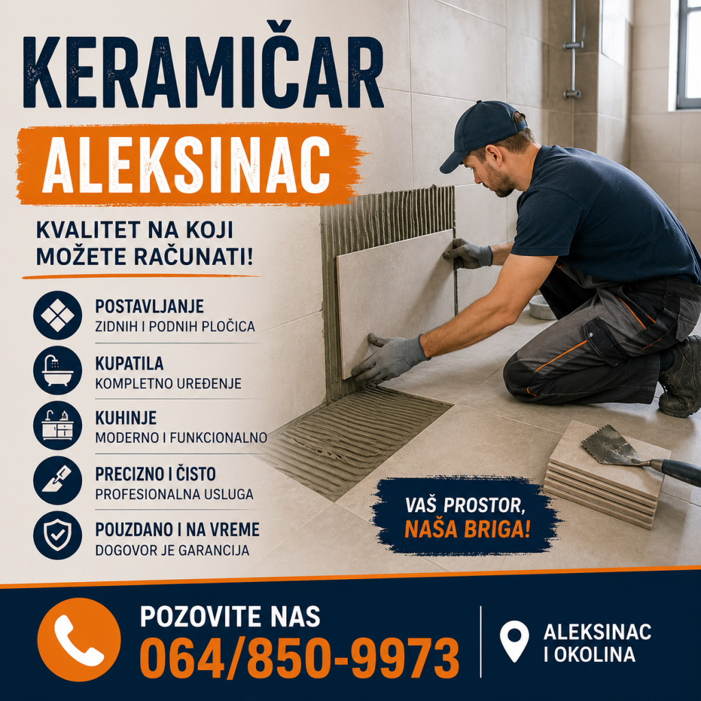 Keramičar u Aleksincu postavlja zidne i podne pločice u modernom kupatilu.